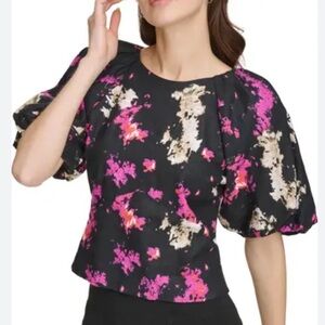 DKNY Abstract Print Puff Sleeve Linen Blend Top